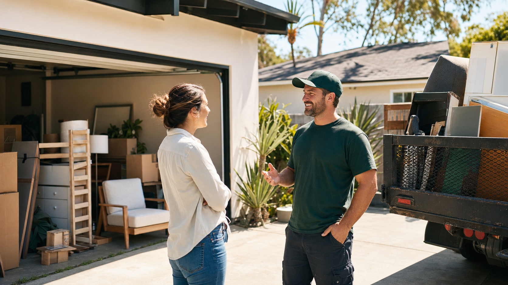 Homeowner and crew owner speaking after a matched pickup
