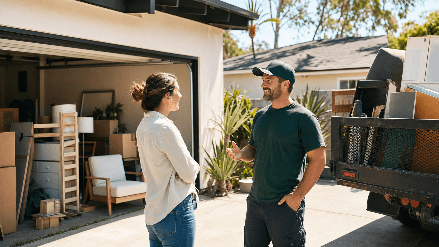 Homeowner and crew owner speaking after a matched pickup