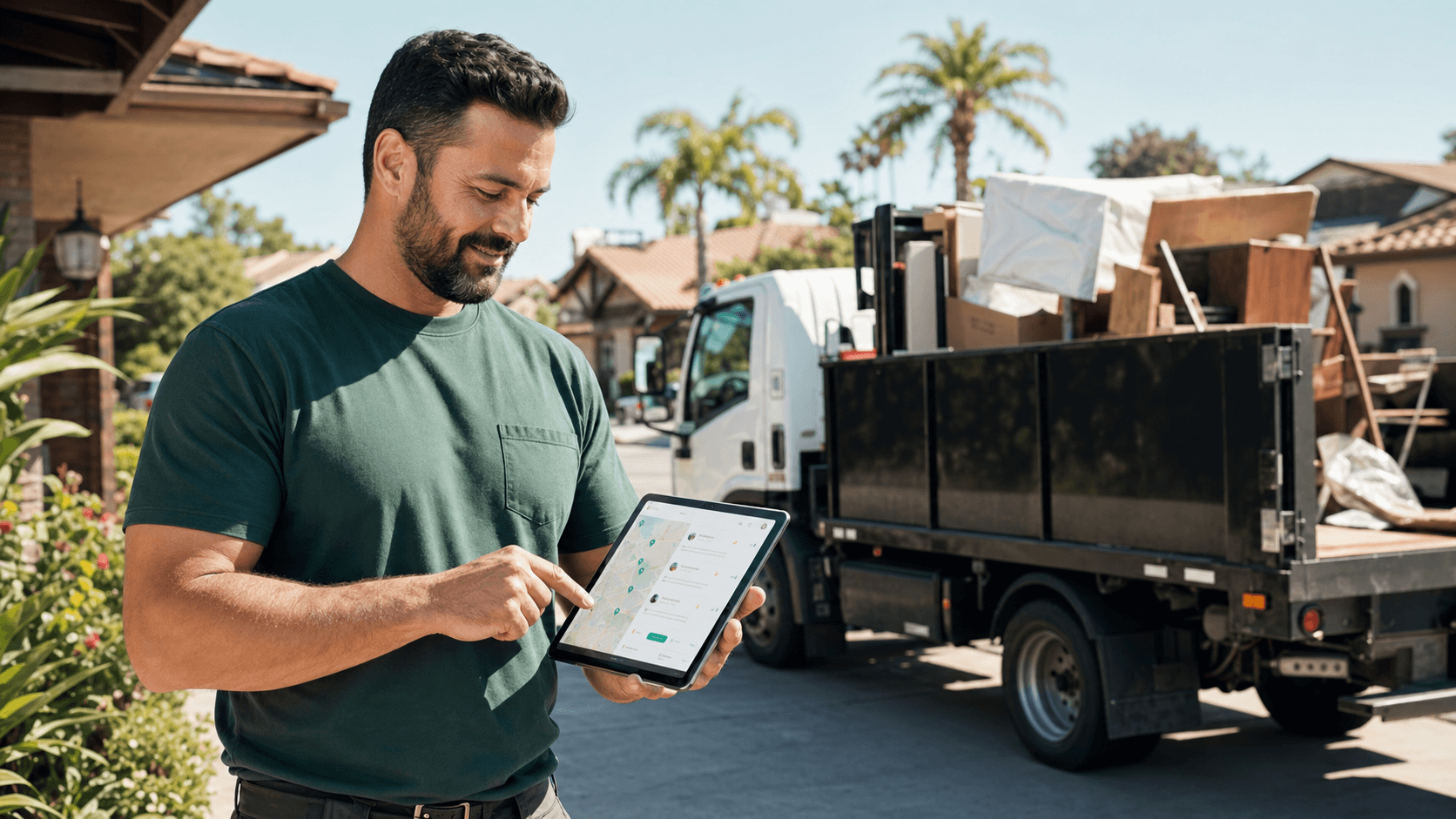 Crew owner browsing nearby cleanout jobs beside a hauling truck