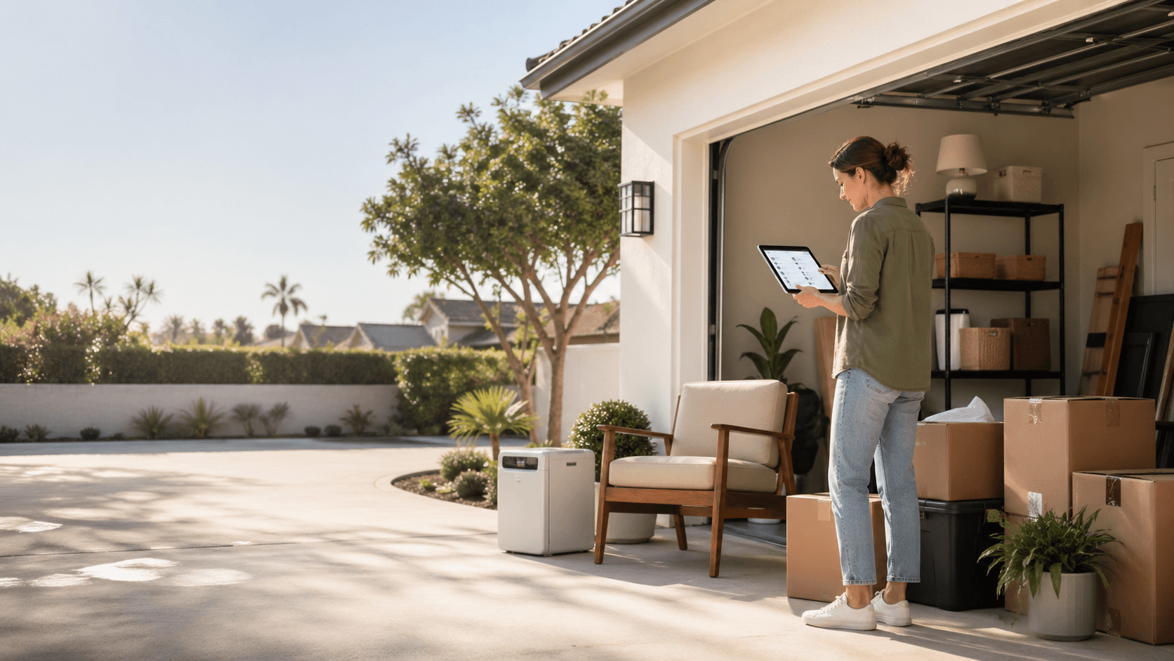 Homeowner using a tablet beside neatly staged cleanout items