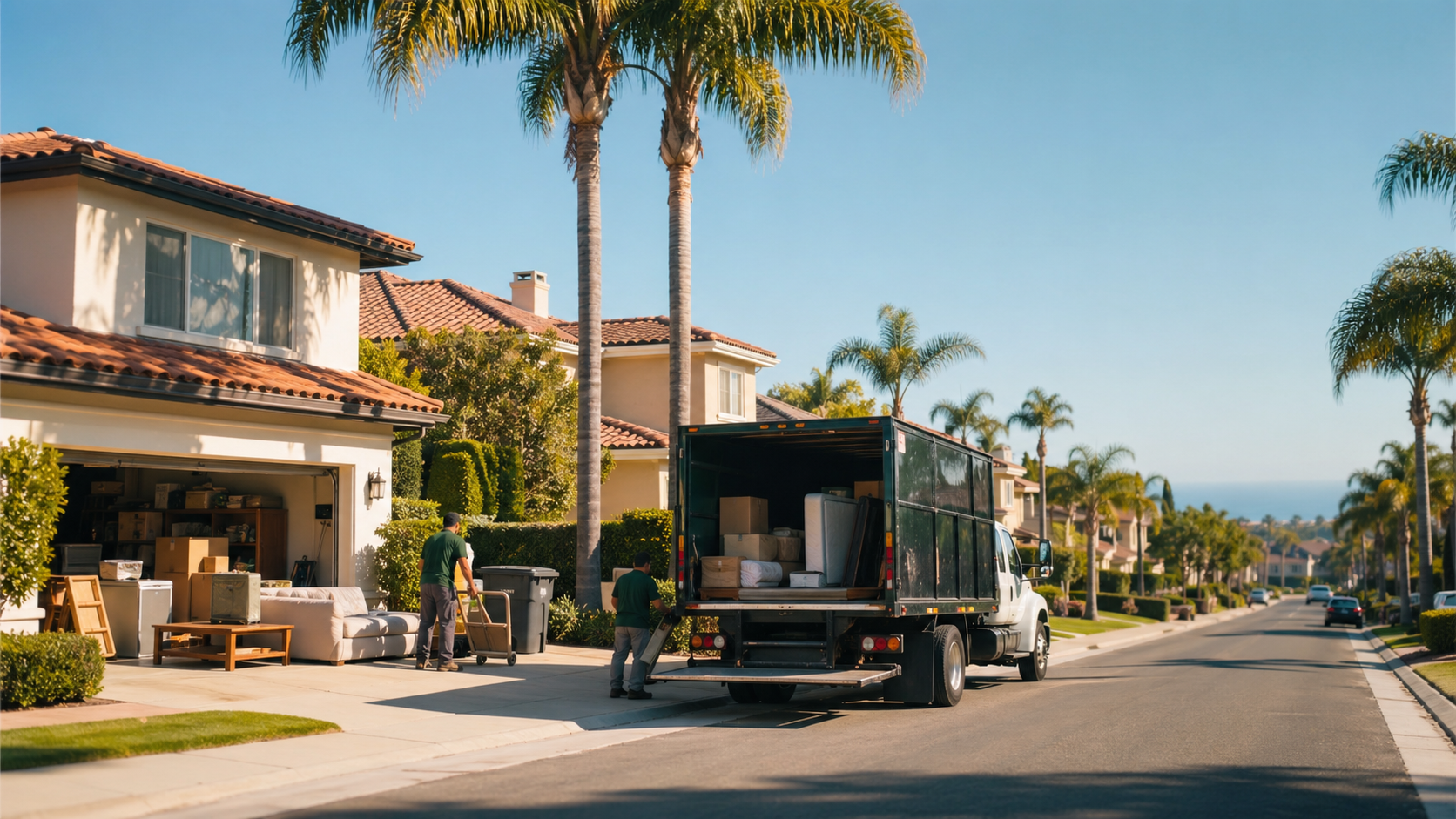 Sunny Orange County neighborhood with hauling truck
