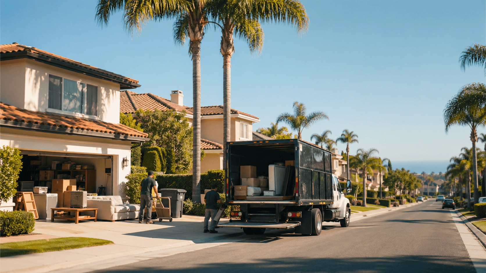 Sunny Orange County neighborhood with hauling truck